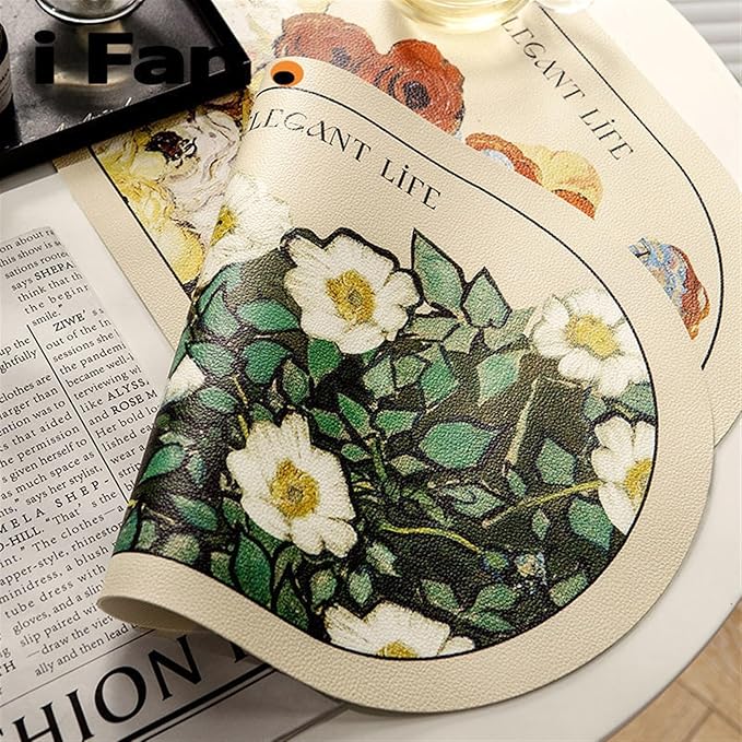 Oval Leather Placemat Pink Flower Table Mat Waterproof Anti-Oil Placemats Heat Insulation Plate Bowl Pad Dining Room Decor(A)