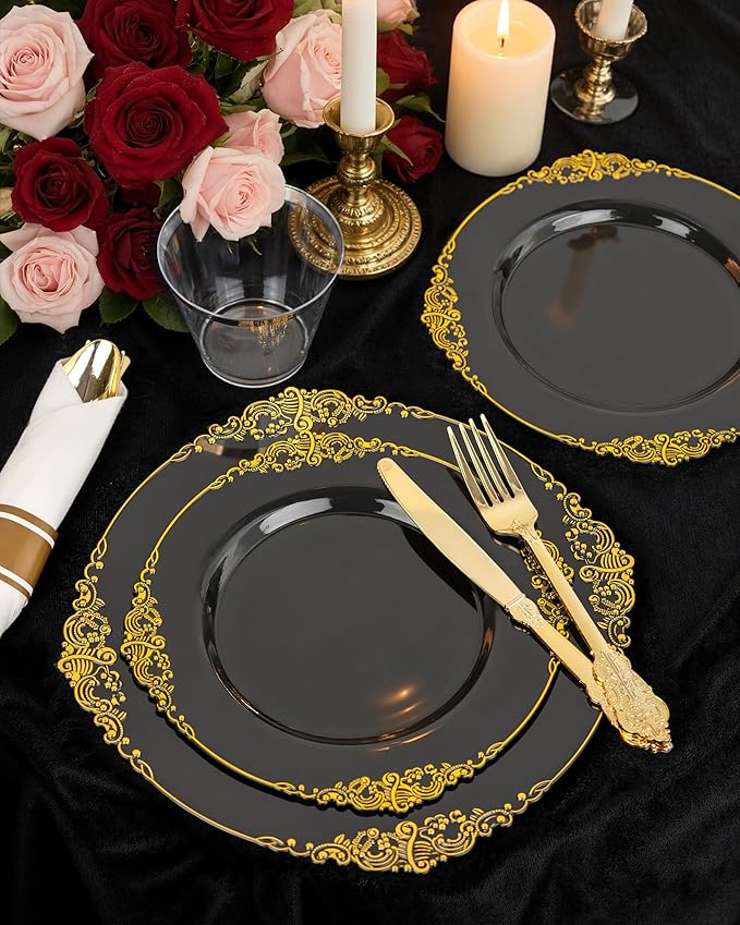 Nervure 175PCS Black Plastic Plates - Disposable Black Gold Party Plates & Pre Rolled Napkins with Cutlery for 25 Guests, 50Plates, 75Silverware, 25Cups, 25Napkin for Wedding & Party