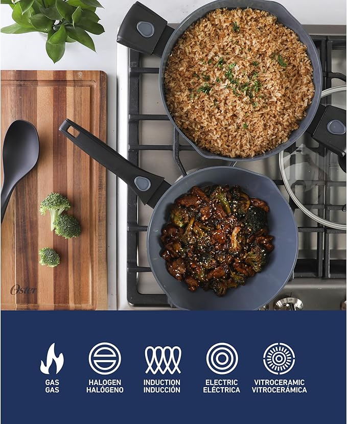 Oster SmartHandle Advance 13-Piece Ceramic Nonstick Cookware Set – Matte Black Finish, Gray Interior, Induction Base, Detachable Handles, Oven & Dishwasher Safe, With Utensils & Pan Protectors