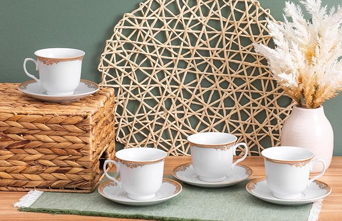 Gorgeous Porcelain Tea Set - 8 Piece White with Gold Floral Edge Design - 5.5 Inch Saucers, 6.5 oz Cups - For Parties, Cappuccino, Black Tea, Vintage Kitchen Decor (Floral Gold 3008, 8 Piece)