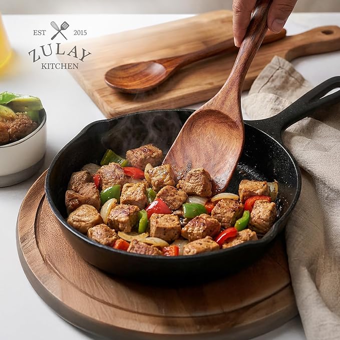 Zulay Kitchen 6-Piece Wooden Spoons for Cooking - Smooth Finish Teak Wood Utensils - Soft Comfort-Grip Cooking Wood Spoons Non-Stick Teak Easy to Clean Utensils Heat Resistant Non-Scratch Spoon Sets