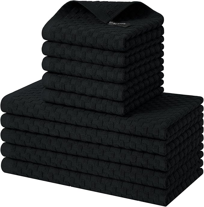 Homaxy 100% Cotton Kitchen Towels and Dishcloths Set, 12 x 12 & 15 x 25 Inches, Set of 10 Bulk Terry Cloth Dish Towels, Super Soft and Absorbent Hand Towel with Hanging Loop, Black