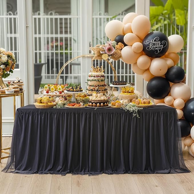 4 Pack Black Tulle Tablecloths for 8 Foot Rectangular Tables, 8ft Black Rectangle Table Cloths, Wrinkle Free Table Cover with Tutu Skirt for Wedding Birthday Party Banquet Buffet Event Decorations