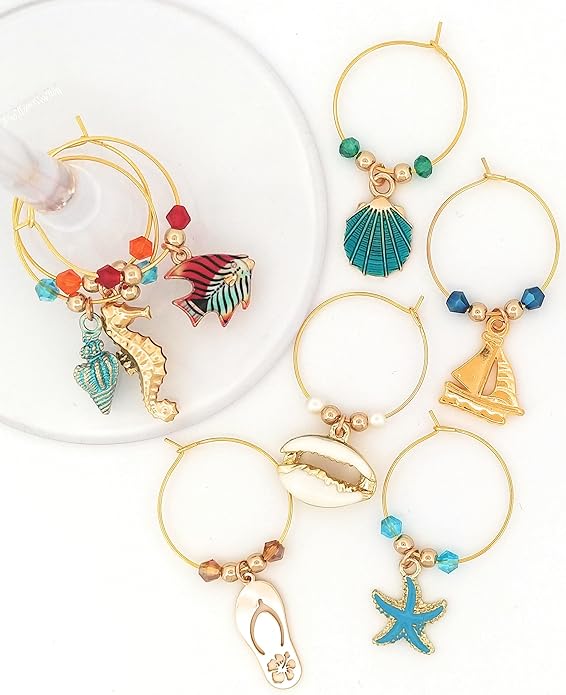 Beach Wine Charms For Beach Lovers, Host Gifts For House, Nautical Glass Tag Identifiers, Shell, Starfish, Boat, Flip Flops, and Fish Glass Markers, 8 wine Charms