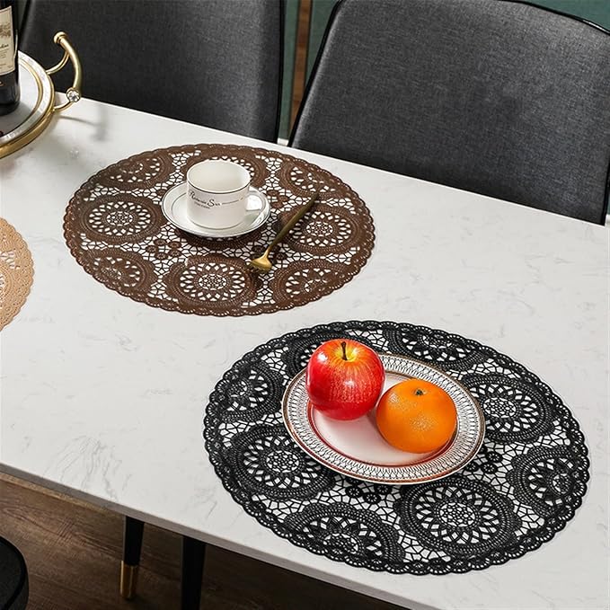 Round Placemats Restaurant PVC Decoration Meal Mat Anti- Dining Table Line Steak Plate Pad(Black)