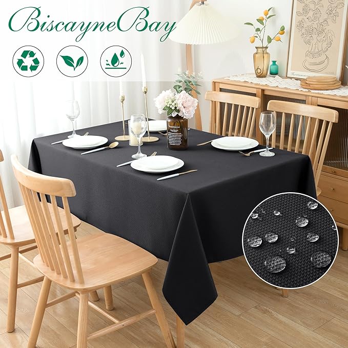 Biscaynebay Textured Fabric Tablecloths 52x70 Rectangular, Black Water Resistant Spill Proof Tablecloths for Dining, Kitchen, Wedding and Parties, Machine Washable