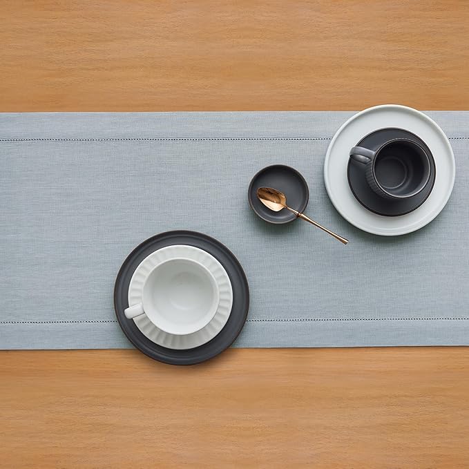 Solino Home Linen Dusty Blue Table Runner 36 Inches - Classic Hemstitch, 100% Pure Linen Coffee Table Runner 14 x 36 Inch Ideal for Dresser Tables - Winter, Spring, Easter