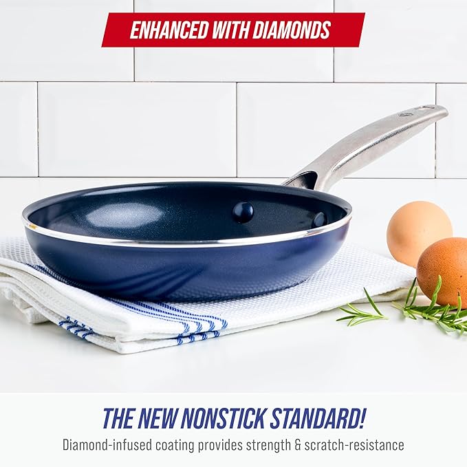 Blue Diamond 8" Nonstick Frying Pan Skillet, Diamond Infused PFAS-Free Ceramic, Dishwasher & Oven Safe, Stainless Steel Handle, Durable Non Toxic Metal Utensil Safe, Egg & Omelet Pan, Blue