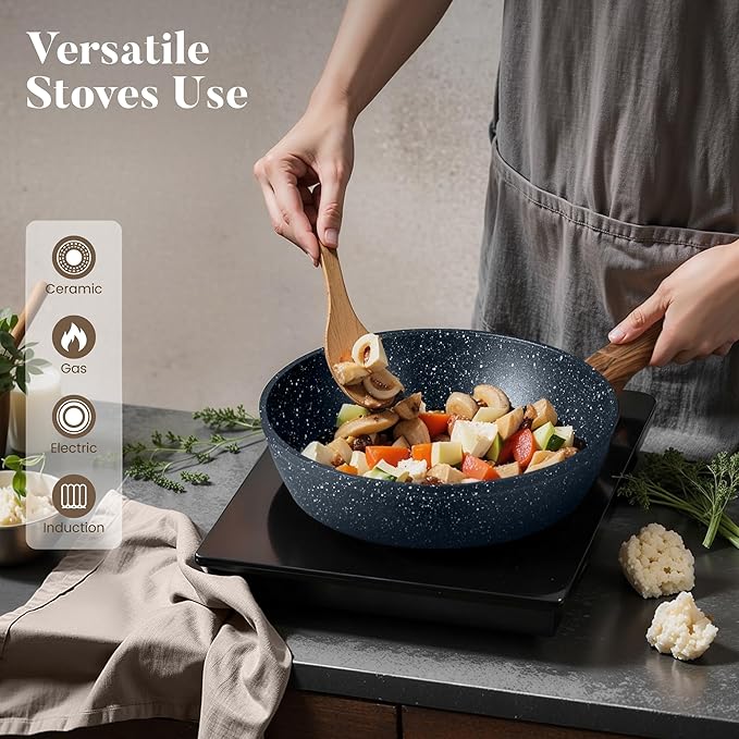 Kitchen Academy Pots and Pans Set Non Stick - 12 Piece Induction Kitchen Cookware Sets, Blue Granite Nonstick Cooking Pans Set