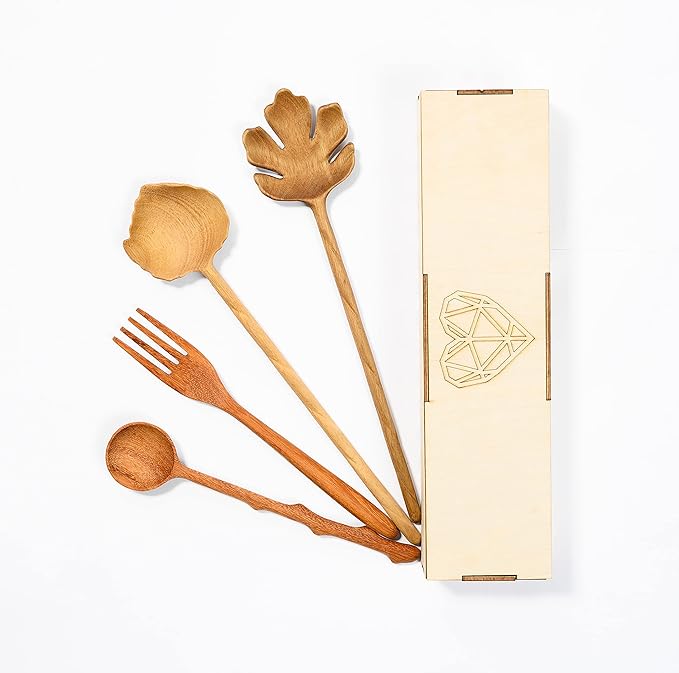 JABIHOME 4 Wooden Spoons and Forks Set, Valentines Hostess Gifts for Women, Couple Cooking Gifts for Women, Handmade Gifts, Nana Gifts