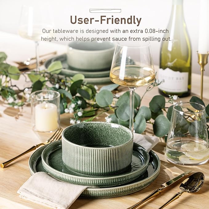 GBHOME 18-Piece Stoneware Dinnerware Set for 6 – Ribbed Ceramic Plates and Bowls, Scratch-Resistant, Microwave & Dishwasher Safe, Reactive Glaze, Dark Green