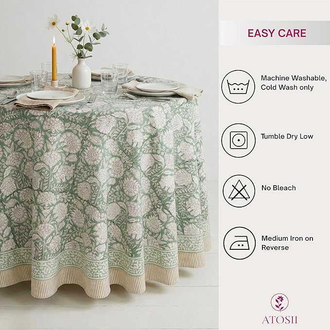 ATOSII Jade 100% Cotton Boho Round Tablecloth, Block Print Floral Table Cloth Linen for Dining, Parties, Weddings, Outdoors I Table Decor I 60" Inches Round
