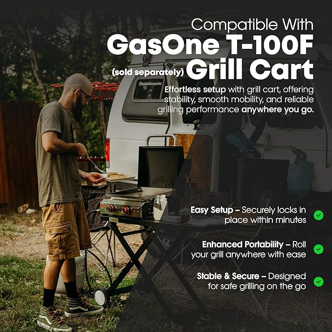 GasOne Flat Top Gas Grill with Lid – Auto Ignition Propane – Premium Stainless Steel Body Tabletop with Pre Season Griddle – Oil Drip Tray – for RV, Camping