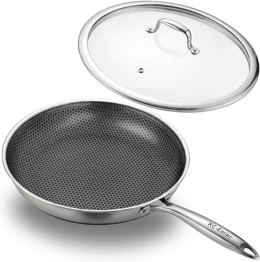 11 Inch Non-Stick Frying Pan with Lid Tri-Ply Stainless Steel Pan with Stay-Cool Handle Oven & Dishwasher Safe For Induction, Ceramic & Gas Stovetops