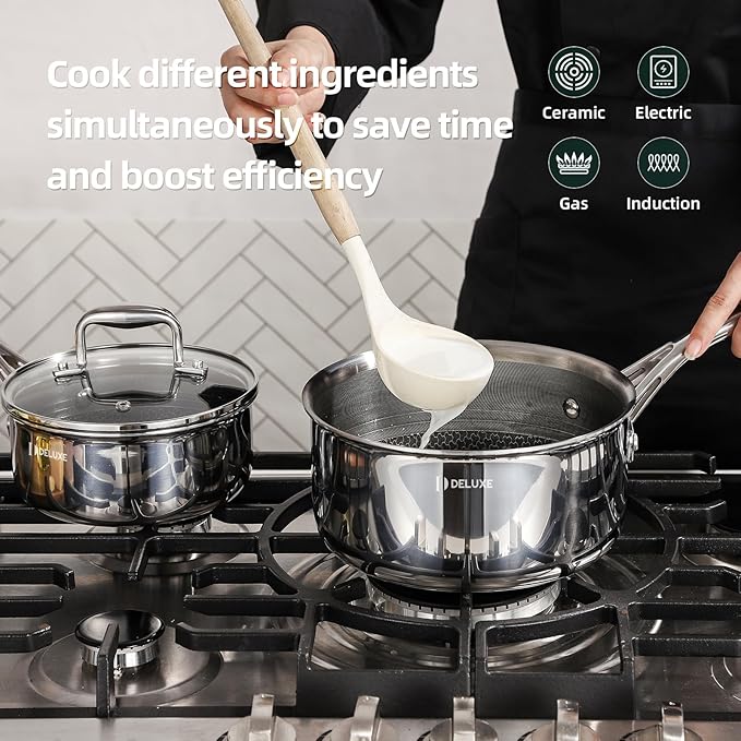 Deluxe 13 Piece Hybrid Ceramic Nonstick Stainless Steel Cookware Set-5 Piece Frying Pan Set, 6 PC Pot Set, 3.7QT Deep Sauté Pan&Lid, Induction Ready, Stay Cool, PFOA Free Compatible with All Cooktops