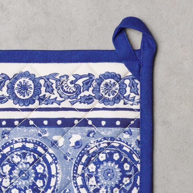 Maison d' Hermine Pot Holders Set 100% Cotton Heat Resistant Potholders 8" x 8" Hot Pads with Loop BBQ, Cooking, Baking, Grilling, Kitchen, Handling Hot Pans Spring/Summer (Pack of 2, Melodie Bleue)