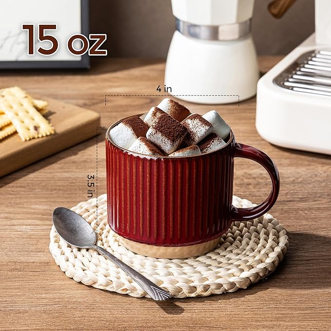 GBhome 15 OZ Large Stackable Coffee Mugs, Ceramic Coffee Mugs with Texture Patterns for Man,Woman,Dad,Mom, Modern Coffee Mugs Set of 4 for Latte/Cappuccino/Cocoa. Dishwasher&Microwave Safe