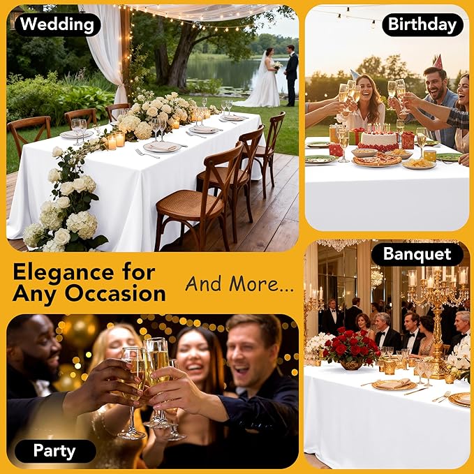 6-Pack White Tablecloths for Square Tables, 70 x 70 Inches, Stain-Resistant Polyester Fabric for 3 Foot Tables - Washable Table Covers for Weddings, Banquets, Birthday Parties, Events