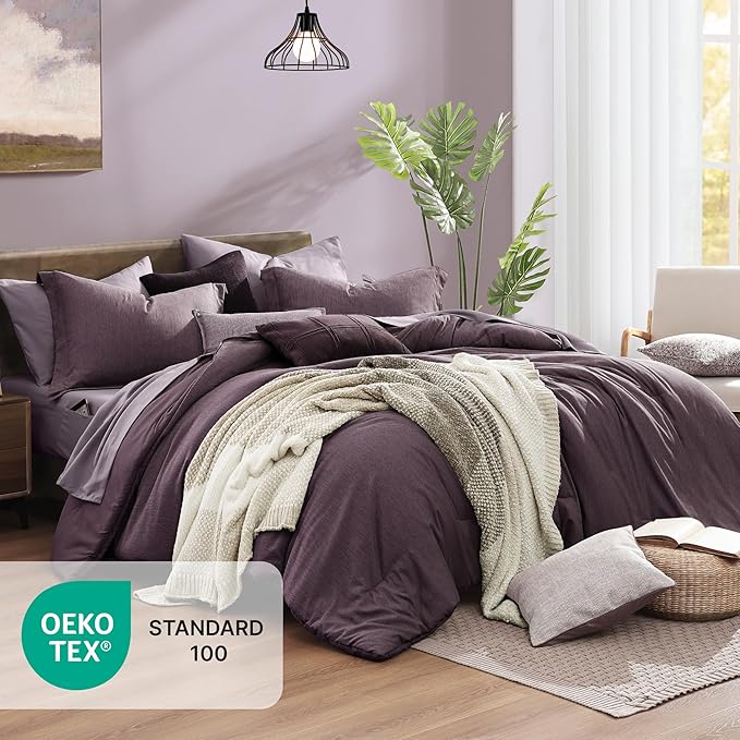 Monbix Twin XL Comforter Set Italian Plum, Cationic Dyeing Bedding Set Reversible 5 Pieces, All Season Bed in a Bag with Comforter, Sheets, Pillowcase & Sham