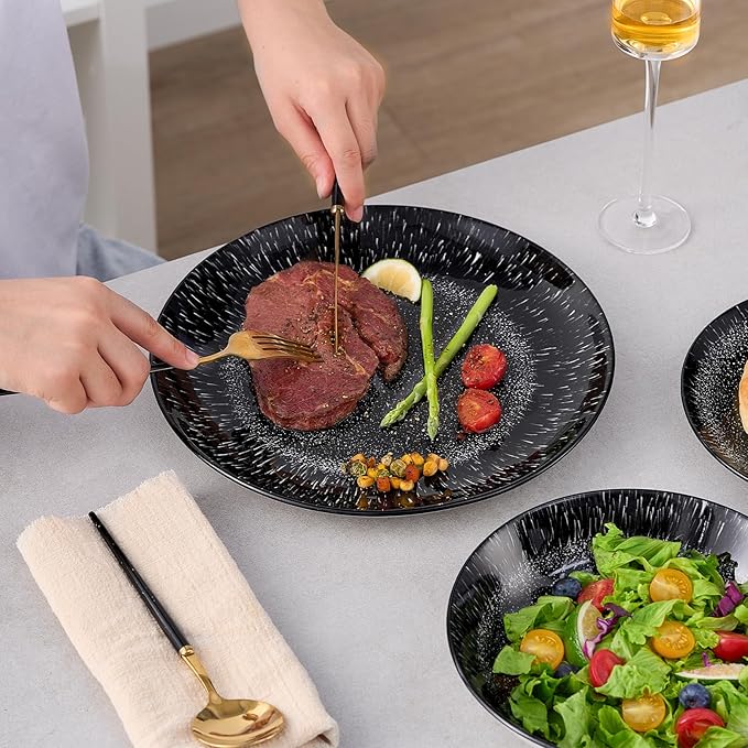 Bestone 12-Piece Round Porcelain Dinnerware Set, Service for 4, Chip Resistant Plates and Bowls,Black, Dishwasher & Microwave Safe for Home Daily Use