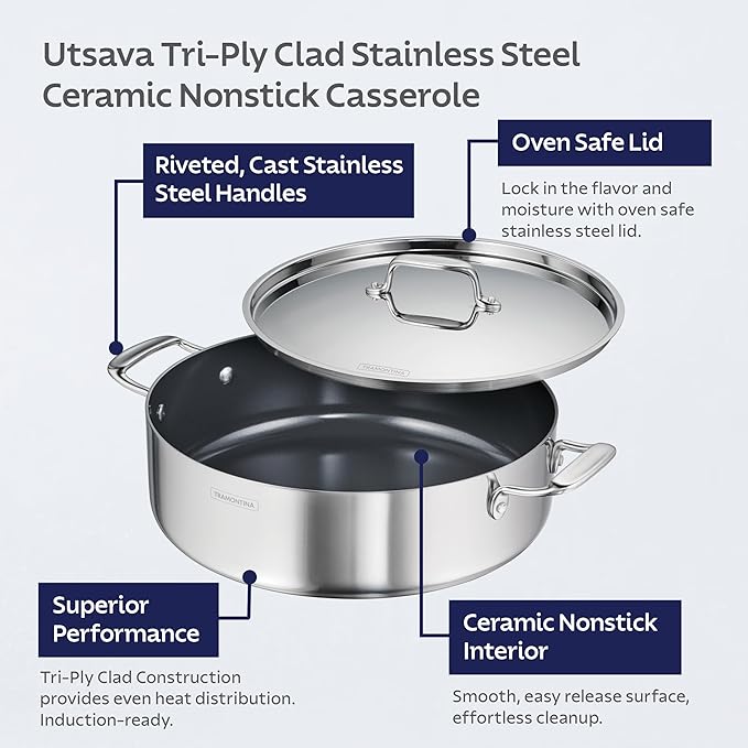 Tramontina Utsava Tri-Ply Clad Stainless Steel 6.5-Quart Casserole with Lid and Ceramic Non Stick Interior, Induction-Ready Large Braiser Pan