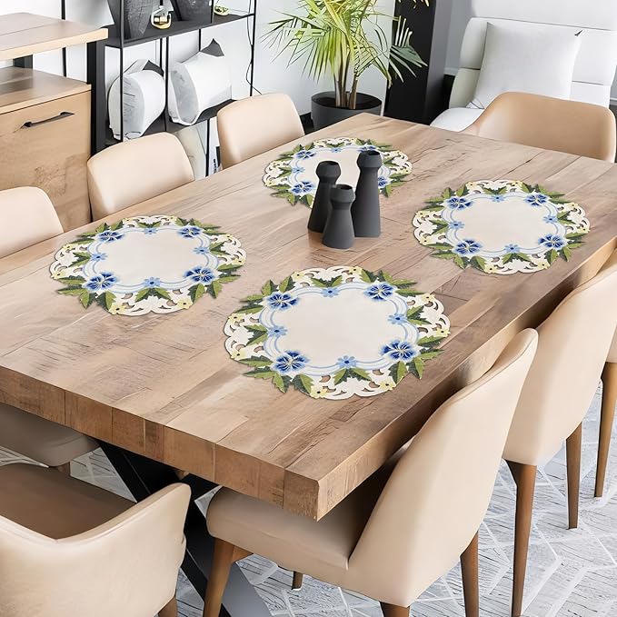 Decozen Set of 4 Doilies for Table, Lace Doilies - Rustic, Crochet, Farmhouse, Kitchen, Round Table Placemats - Valentines Day Decorations - 15 inch Blue and Green White, The Eternal Grace Collection