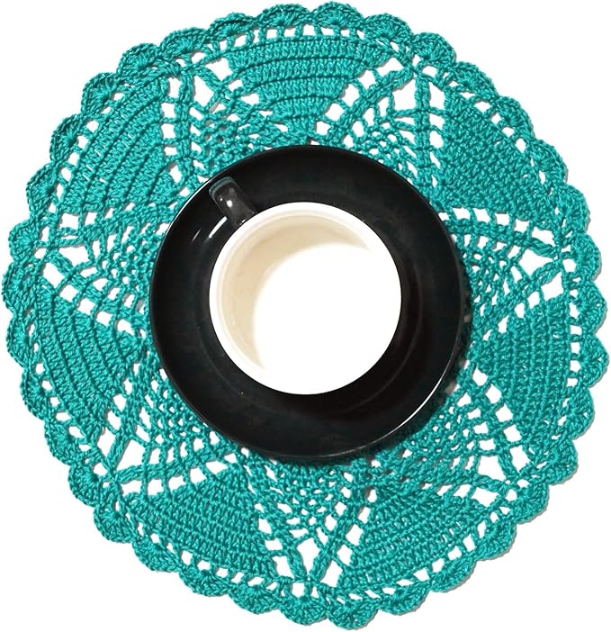 BIBITIME Lace Placemats Table Doilies 11 inches to 12 inches Round Handmade Crochet Doily Kitchen Cup Coasters Mug Mats,Peacock,Pack of 1 PC