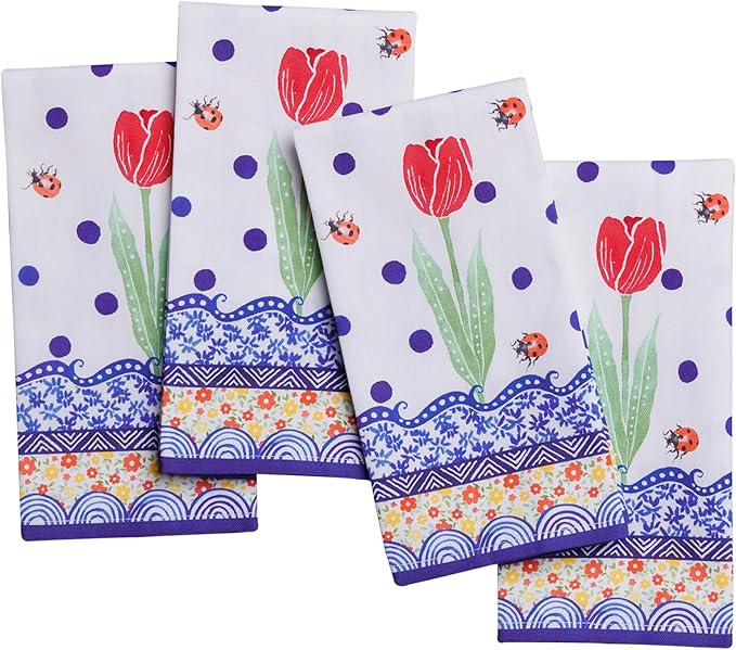 Maison d' Hermine Cloth Napkins Set of 4 100% Cotton Everyday Reusable Square Napkins Cloth Washable Dinner Party Wedding Restaurant Valentines Day Decorations Spring/Summer (Folky Floral, 18" x 18")