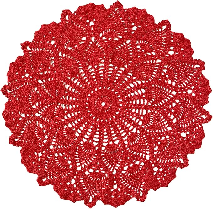 BIBITIME Lace Placemats Table Doilies Round Handmade Crochet Doily Kitchen Coffee Cup Mug Mats Dinner Place Mats (16 to 17.5 inches-2PCS, Red)