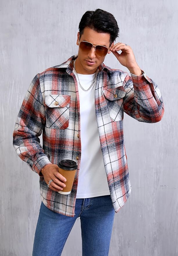 Men's Cotton Sherpa Lined Button Down Flannel Shirt Jacket Plaid Soft Outdoor Flannel Jacket Shirt