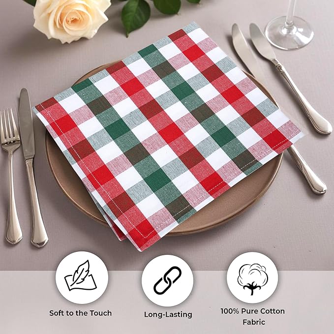 Urban Villa Cloth Napkins Set of 12 20x20 Inches 100% Cotton Napkins Cloth Washable Durable Reusable Absorbent Table Dinner Napkins Cloth for Christmas Hotel Lunch Restaurant Parties -X MAS Checks
