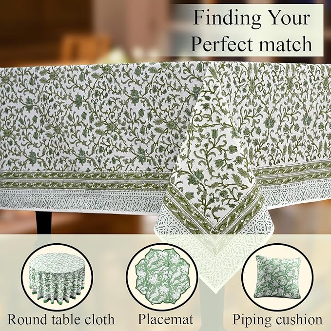 CPC Meadow Vine Tablecloth 100% Cotton 60x60 Inch Indian Block Print Rectangle Table Cover, Table Cloth for Gifting in Weddings, Halloween, Fall, Christmas, Thanksgiving