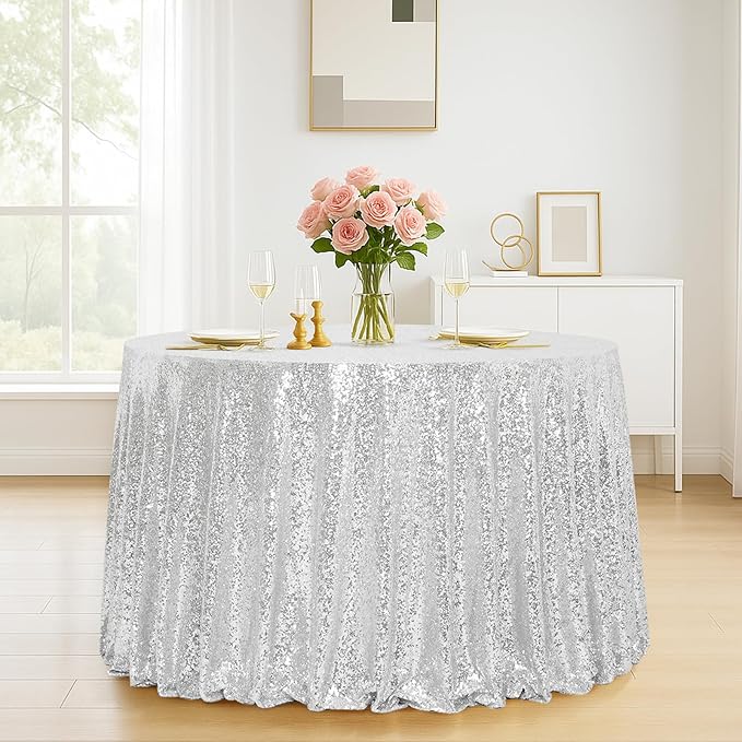 Eternal Beauty Silver Tablecloth, 120 Inch Round Sequin Tablecloth for Party Cake Dessert Table Exhibition Events