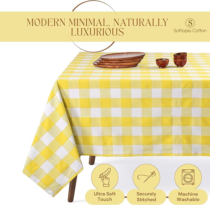 Lemon Yellow and White Buffalo Check Tablecloth, 52x70 Inches, Plaid Dining Table Cover, 100% Cotton, Washable, Reusable Table Linen for Holiday Gatherings, Wedding and Everyday Décor