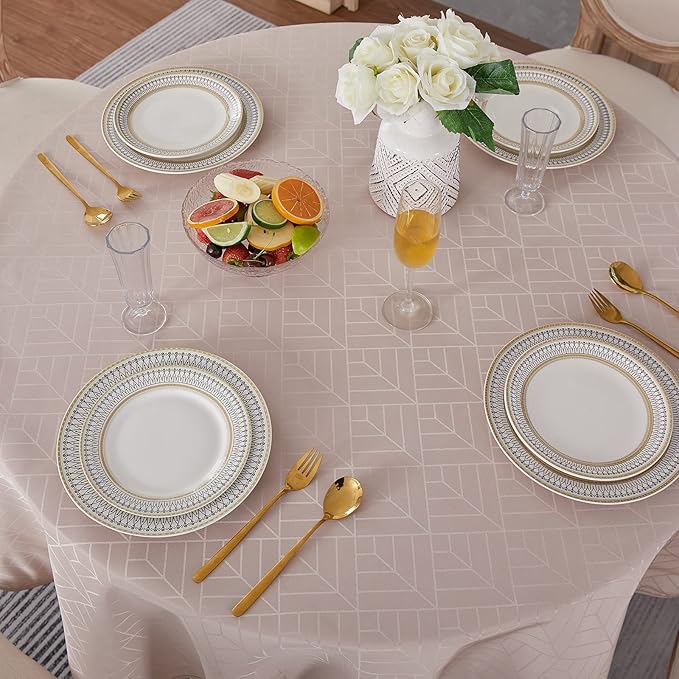 Round Table Cloth Jacquard Round Tablecloth 60 Inch Geometry Pattern Silky Soft Waterproof Wrinkle Resistant Washable Table Cover for Dining Kitchen Party Decoration (Light Brown)