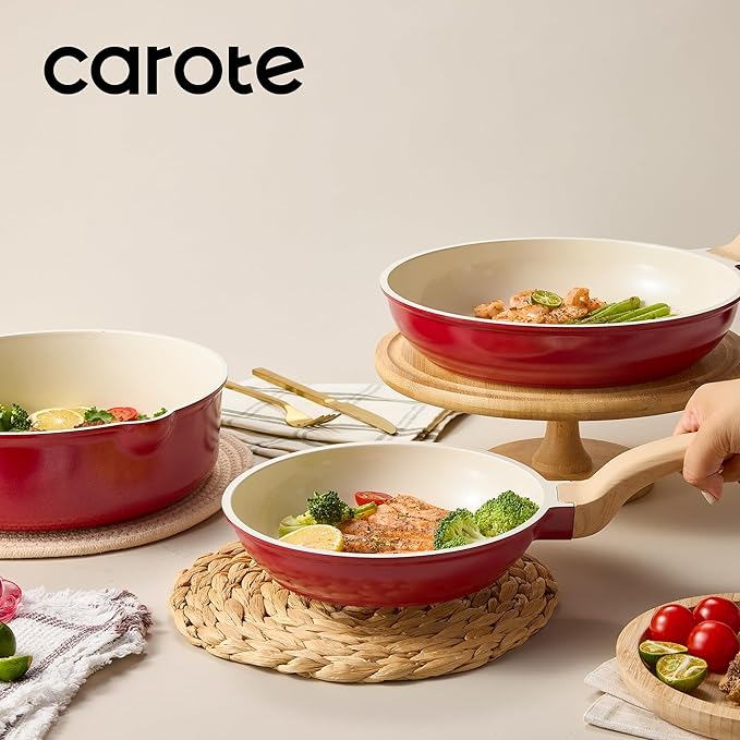 CAROTE 14 Pcs Ceramic Cookware Set, Pots and Pans Set Non Stick with Ceramic Coating, Induction Kitchen Sets, Red