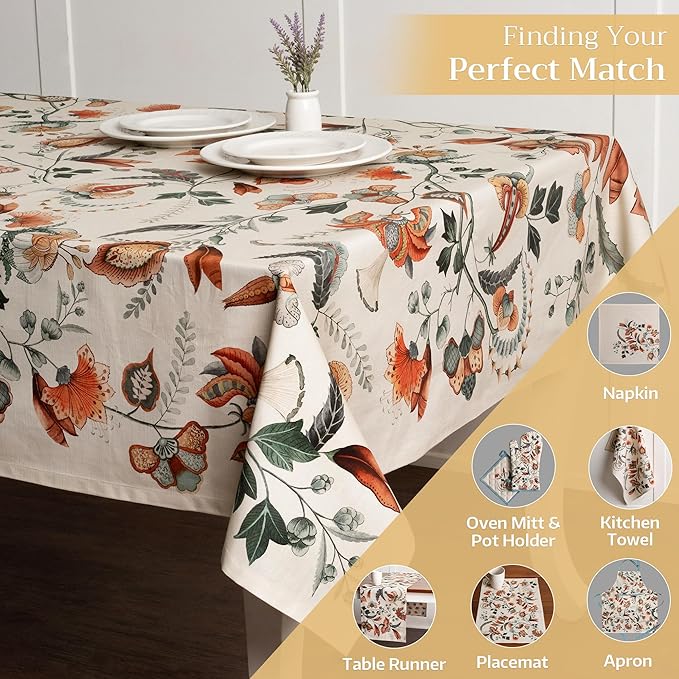Maison d' Hermine Table Cloth Rectangle Table 100% Cotton 70 x 108 Inches Fall Tablecloth Reusable Everyday Use for Thanksgiving Christmas Decorations Dining Farmhouse Party (Dalida)