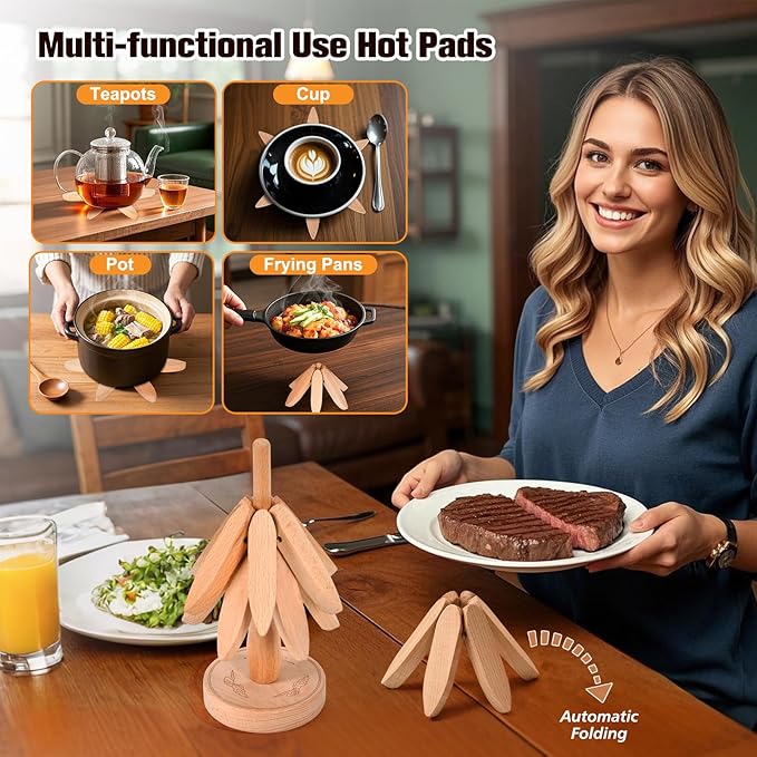 Wooden Trivets for Hot Dishes，Trivets for Hot Pots and Pans，Hot Pads for Table，Tree Coasters Set of 4(4 Trivits+1 Stand)