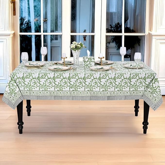 Ridhi Hand Block Print Sage Green Rectangle Cotton Tablecloth 120" x 60" Reusable Table Cover Decorative Everyday Use for Dining, Farmhouse, Home Gift for Spring, Easter, Valentine