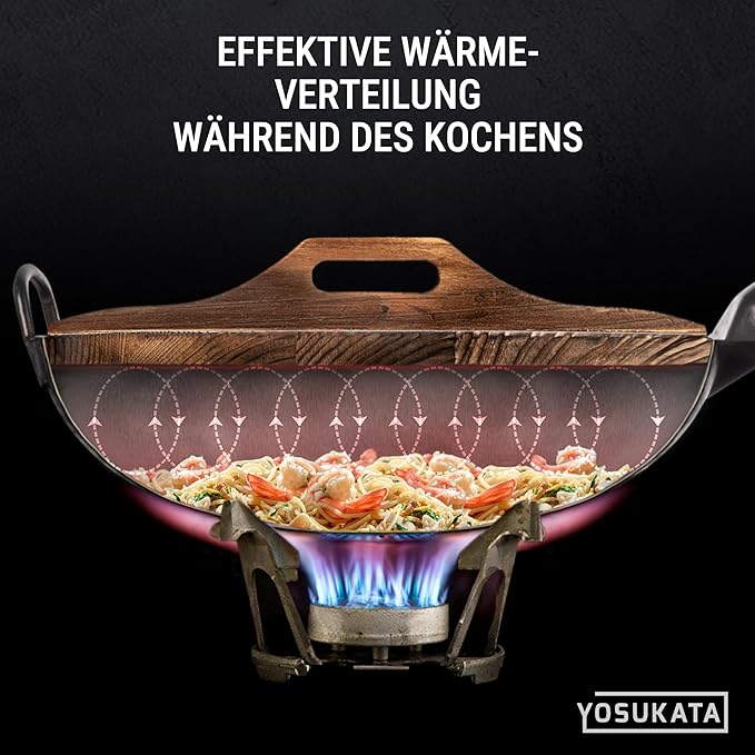 YOSUKATA Blue Round Bottom Wok Pan – 14" Stir Fry Pans Premium Wok Cover 14 inch - Wooden Lid