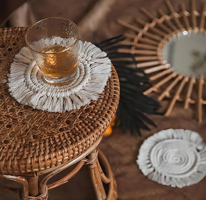 Boho Coasters Set of 2, Handmade Macrame Placemats for Housewarming Gift Home Decor Desk Table Kitchen Dining Room, Bar Drink Coaster for Mugs and Cups (Round, White)