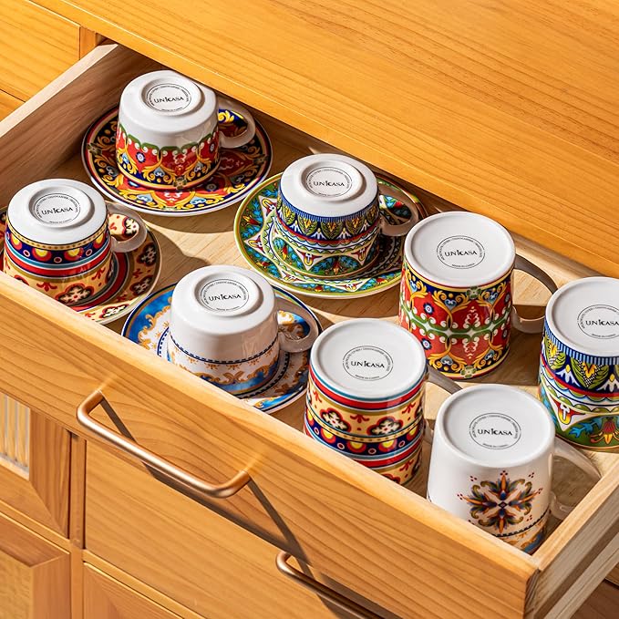 UNICASA Ceramic Coffee Cup with Saucers, 6 oz Colorful Mugs with Dishes, Porcelain Cups Set of 4 for Latte, Cappuccino, Tea, Boho Style, Microwave & Dishwasher Safe