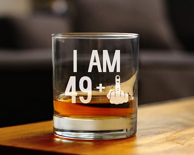 Bevvee 49 + 1 Middle Finger - Funny 50th Birthday Whiskey Rocks Glass Gifts for Men & Women Turning 50 - Fun Whisky Drinking Tumbler