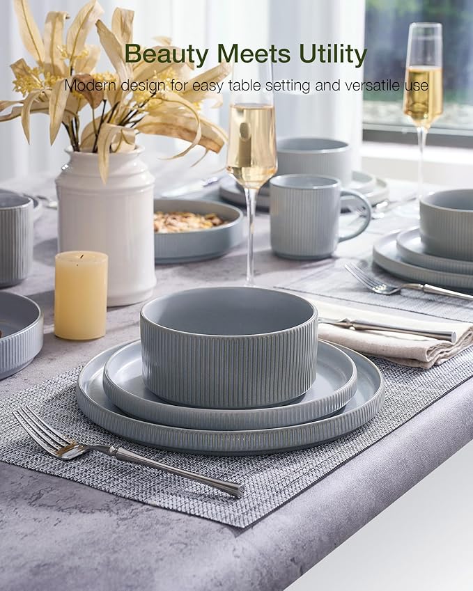Famiware Star Dinnerware Set, Plates and Bowls Sets for 6 (18pcs), Ribbed Stoneware Dishes - Chip & Scratch Resistant, Microwave & Dishwasher Safe Kitchenware, Matte Gray