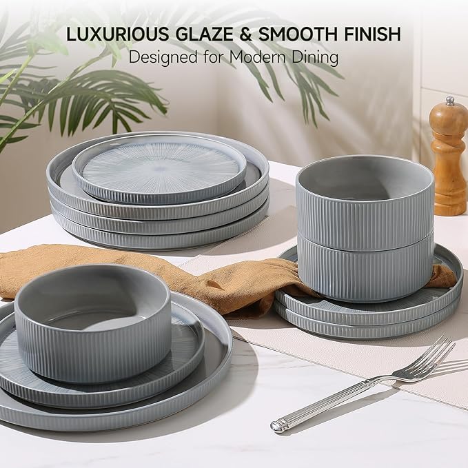 Dinnerware Sets for 8, Ceramic Plates and Bowls Set 24 Piece Dinnerware Chip Resistant Stoneware, Dishwasher and Microwave Safe-Blue