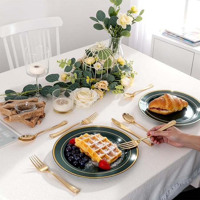 350PCS Green and Gold Plates - Green Plastic Plates 50Guests Plastic Plate with Rolled Napkins for Party/Birthday/St. Patrick's Day