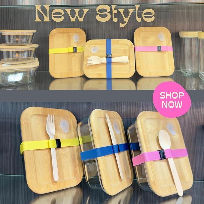 Glass Food Storage Containers with Bamboo Lids, Airtight Containers, Non Toxic Food Storage, Eco Friendly Fridge Storage ContainersIncludes Elastic Bands and Utensils (3)