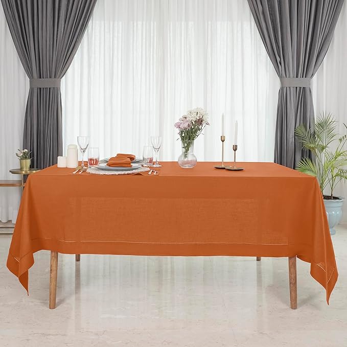 D'Moksha Homes Rust Linen Tablecloth 60 x 156 Inch - 100% Pure Linen Rust Tablecloth for Rectangle Tables - Classic Hemstitch, Machine Washable Table Cloth for Spring, Easter