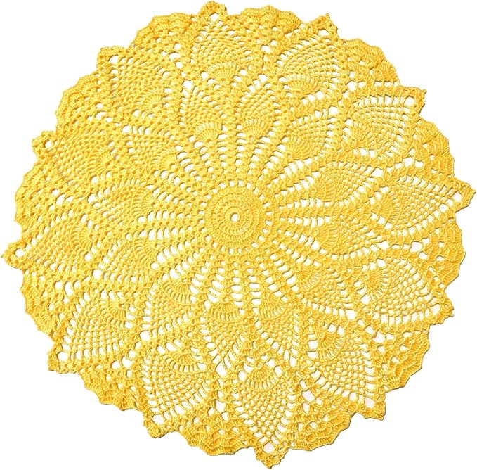 BIBITIME 2 PCS 16 inches to 17.5 inches Lace Placemats Table Doilies Round Handmade Crochet Doily Kitchen Coffee Cup Mug Mats Dinner Place Mats Yellow Coasters