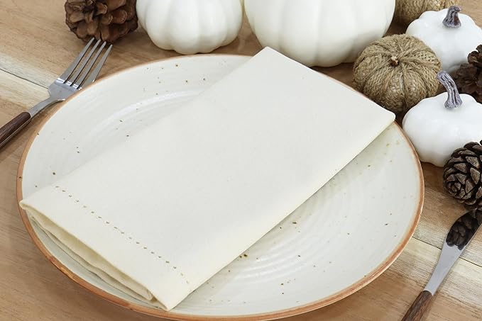 PurpleEssences Set of 12 Hemstitch Cloth Dinner Napkins 100% Cotton - Soft Durable Washable - Ideal for Wedding Christmas Holiday Winter - Perfect Everyday Use Table Linen 18x18 - Cream